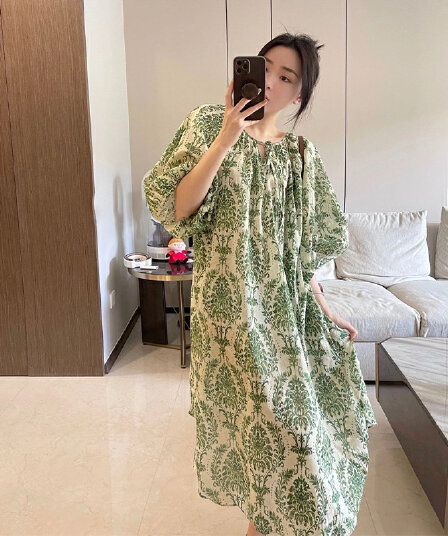 2026 봄 여름 프랑스식 레트로 근사한 고급 센스 여성 드레스 녹색 배 모양 몸 캐주얼 슬림해 보이는