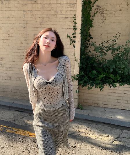 한 은 식물 플러시 도트 무늬 하트 긴팔 오픈 가디건 여성 여름 레이스 조각 캐미솔 슬림해 보이는 투피스 슈트