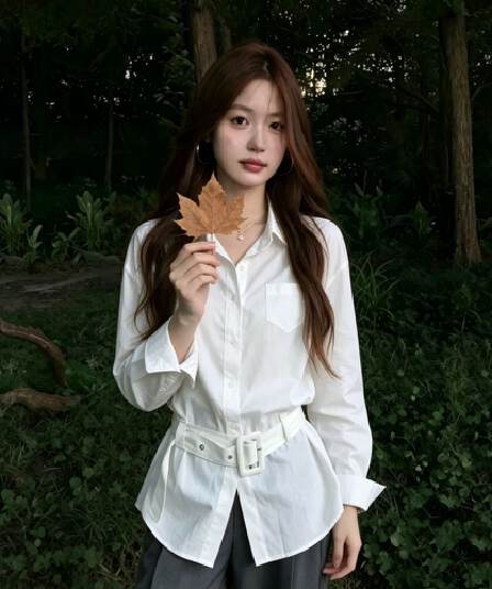 화이트 긴팔 여성 셔츠 이른 가을 한 부서 벨트 허리 수축 슬림해 보이는 폴로 칼라 싱글 주머니 출퇴근 품격 셔츠 맨위