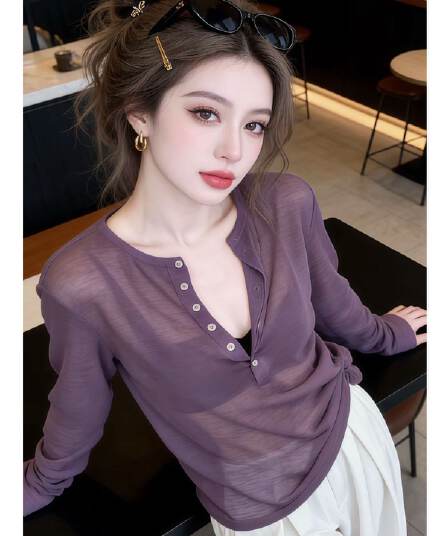 눈꽃 면 느긋한 느슨함 센스 반 개방 칼라 단추 자외선 차단 블라우스 여성 26 여름 새로운 루즈핏 슬림해 보이는 맨위