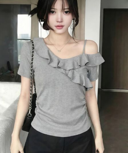 260 그램 사람들 면 회색 고급 센스 프릴 비스듬한 어깨 반팔 티셔츠 여성 여름 핫걸 오프숄더 아름다운 맨위