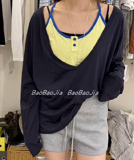 페이크 레이어드 패치워크 반팔 여성 셔츠 여름 새로운 프릴 스트랩 작은 셔츠 디자인 센스 맨위