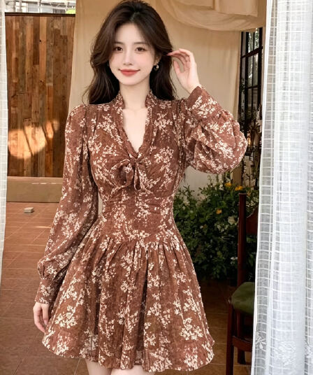 레트로 꽃무늬 드레스 V넥 가슴 레이스업 버블 허리 수축 프릴 슬림해 보이는 작은 키 쇼트 스타일 퍼프 스커트
