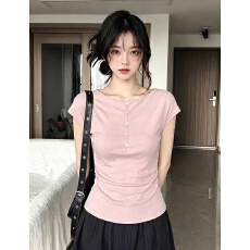 批发辣妹风圆领纽扣短袖T恤<b class='q'>女</b>夏季设计感<b class='q'>修身</b>显瘦收腰粉色百搭上衣ins