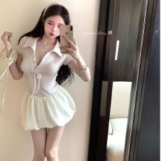 批发性感纯欲芭蕾风针织拼接V领花苞裙女夏季新款收腰显瘦短袖<b class='q'>连衣裙</b>