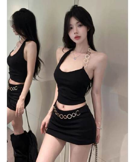 아메리칸 핫걸 바람 행침 목 금속 원형 고리 심장 기계 백리스 몸매 가꾸기 쇼트 스타일 조끼 슬림해 보이는 타이트 스커트 반신 치마 세트