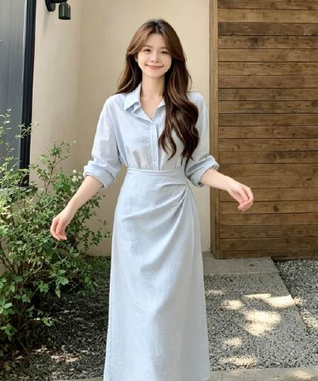 하늘색 질감 셔츠 스타일 긴팔 허리 수축 비틀림 포장 불규칙 중간 길이 스커트 부드러운 출퇴근 품격 치마