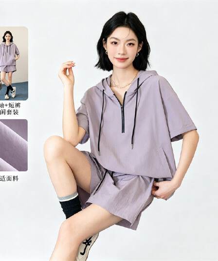 캐주얼 반팔 티셔츠 하프 지퍼 후드 맨위 플러스 몸매 가꾸기 슬림해 보이는 루즈핏 운동 반바지 투피스 세트 세트