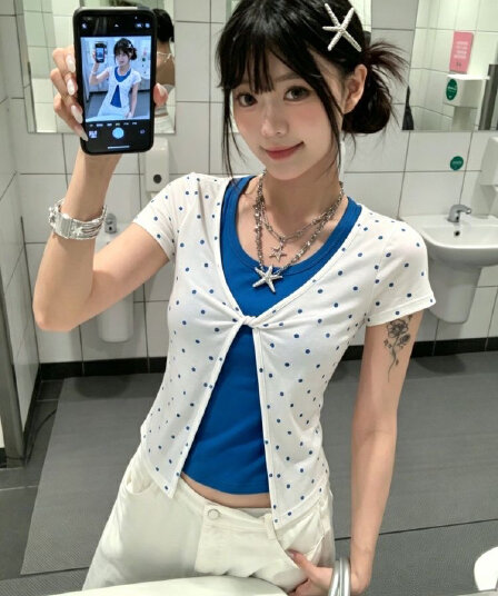 사람들 면 모달 배색 페이크 레이어드 티셔츠 여성 몸매 가꾸기 반팔 도트 무늬 긍정적 인 어깨 의류