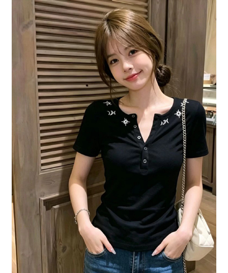 1 1 인 면 아메리칸 핫걸 바람 검정색 헨리 칼라 긍정적 인 어깨 반팔 티셔츠 여성 여름 새로운