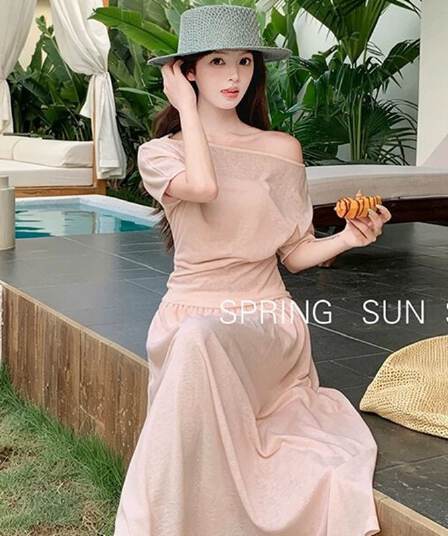 원본 것 있음 네리 한국 눈꽃 면 편안함 허리 수축 비스듬한 어깨 티셔츠 여성 슬림해 보이는 반 스커트 세트 투피스 세트
