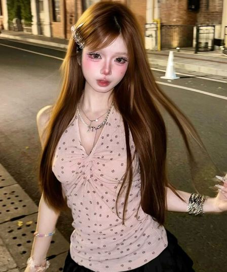 아메리칸 레트로 V넥 행침 목 도트 무늬 캐미솔 여름 고급 센스 몸매 가꾸기 허리 수축 핫걸 캐주얼 맨위