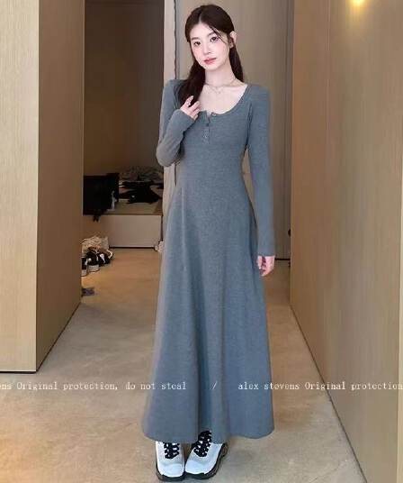 봄 가을 한국 스타일 슈퍼 요정 u 칼라 긴팔 드레스 2026 새로운 품격 몸매 가꾸기 슬림해 보이는 가을 인사이드 가져 가라. 만나는 롱 스커트