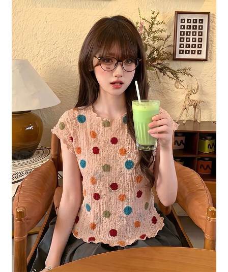 한 부서 연령 감소 색상 도트 무늬 프릴 긍정적 인 어깨 반팔 티셔츠 여성 여름 새로운 몸매 가꾸기 슬림해 보이는 다용도 맨위