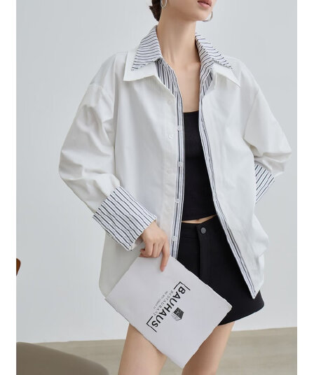 페이크 레이어드 셔츠 스트라이프 트렌디 사람들 남녀 봄 여름 긴팔 Chic 셔츠 작은 대중 느긋한 바람 루즈핏 재킷