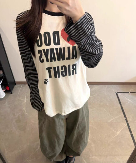 아메리칸 레트로 학원 스타일 프린트 강아지 스트라이프 삽입 어깨 긴팔 티셔츠 여성 가을 루즈핏 패치워크 느긋한 맨위