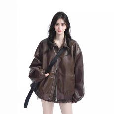 批发美拉德棕色机车PU皮衣外套女秋冬季中性风美式复古<b class='q'>街头</b>宽松