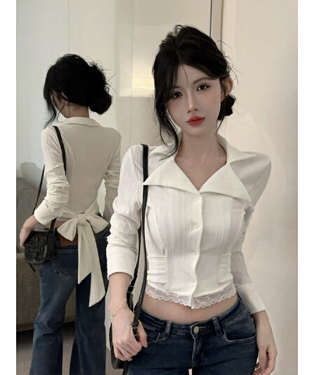 원본 품질 화이트 레이스 레이스 긴팔 여성 셔츠 작은 대중 셔츠 쇼트 스타일 법