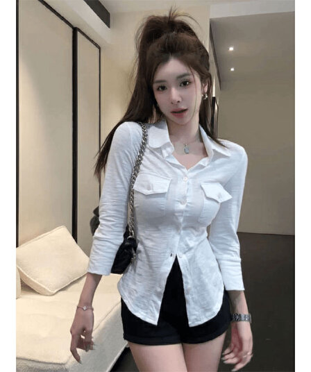 원본 품질 화이트 레이스 레이스 긴팔 여성 셔츠 작은 대중 셔츠 쇼트 스타일 법