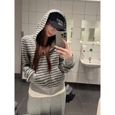 批发#纯棉华棉套装加绒加厚条纹连帽卫衣外套女休