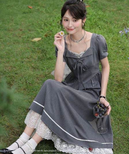 사슴 응시 응시 마이크로 지방 빅 사이즈 여성 의류 지방 mm 회색 광장 칼라 반팔 여성 드레스 여름 자이언트 슬림해 보이는 한 마디 치마