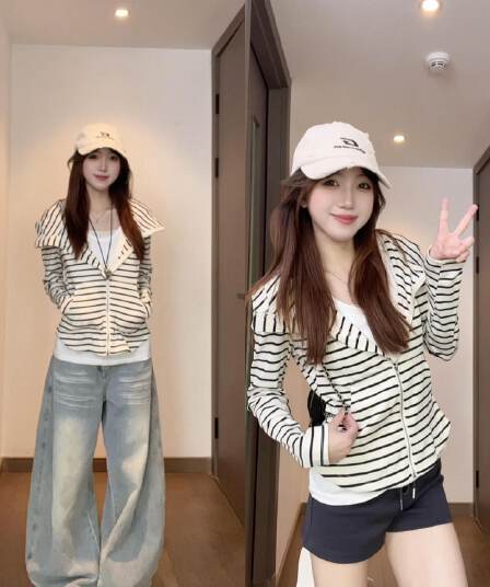 한 부서 조기 가을 스트라이프 후드 티 스웨터 여성 루즈핏 느긋한 긴팔 재킷
