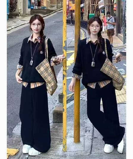 봄 가을 아메리칸 학원 스타일 스포츠 슈트 여성 지방 mm 빅 사이즈 슬림해 보이는 페이크 레이어드 후드티 루즈핏 캐주얼 투피스 세트