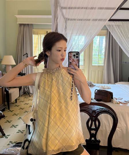 황색 체크무늬 달콤함 프릴 행침 목 민소매 조끼 여성 여름 얇고 가벼운 디자인 센스 작은 대중 루즈핏 슬림해 보이는 맨위