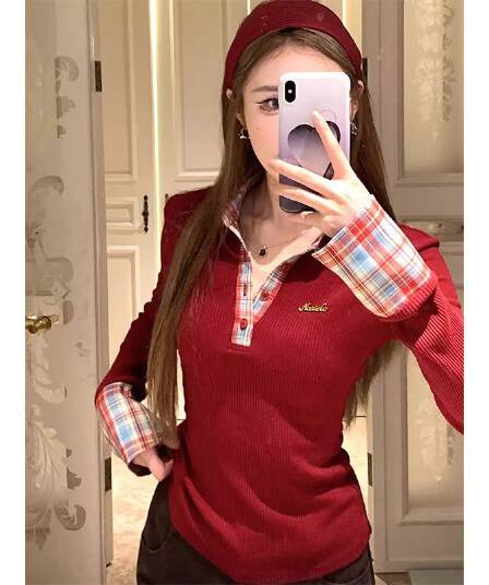 페이크 레이어드 패치워크 배색 체크무늬 긴팔 티셔츠 여성 가을 겨울철 POLO 칼라 몸매 가꾸기 슬림해 보이는 인사이드 가져 가라. 만나는 맨위