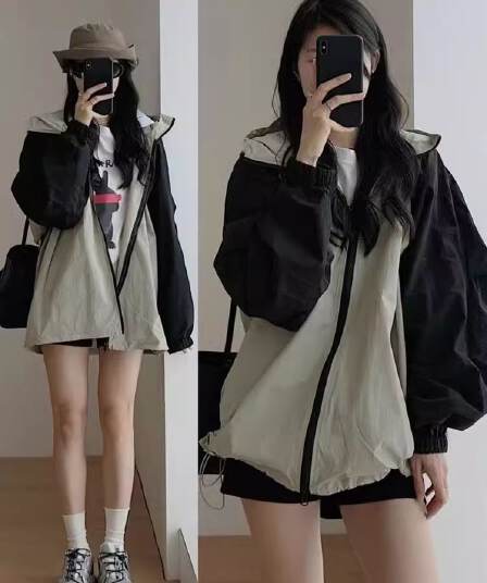 패치워크 색상 얇은 스타일 자켓 여성 코트 2027 봄 여름 새로운 레트로 야외 루즈핏 얇고 가벼운 통기성 자외선 차단 의류 여성