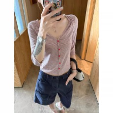 批发V领条纹<b class='q'>七分袖</b>女夏季韩系修身显瘦短款开衫上衣