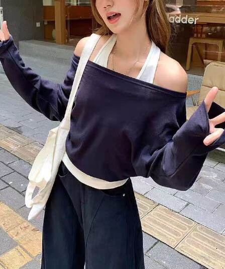 원본 원단 행침 목 조끼 긴팔 블라우스 페이크 레이어드 여성 세트 이른 가을 핫걸 외국 가스 슬림해 보이는 맨위