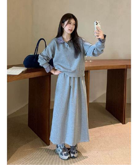 실사 한 부서 가을 chic 느긋한 바람 고급 다용도 페이크 레이어드 후드티 단색 반신 스커트 작은 대중 세트 여성