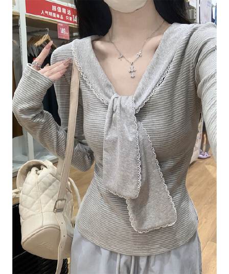 경관 그림 정가 원본 원단 달콤한 스타일 레이스업 긴팔 티셔츠 여성 가을 Chic 연령 감소 슬림해 보이는 스트라이프 맨위