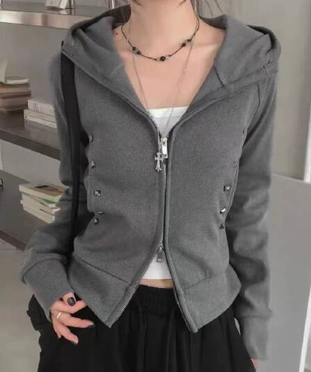 리브 면 아메리칸 레트로 징 몸매 가꾸기 지퍼 짧은 여성 코트 디자인 센스 검정색 오픈 가디건 후드티 트렌디