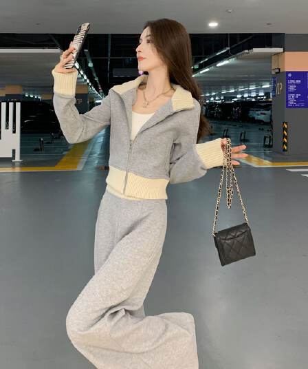 한 부서 봄 가을 전체 집합 고급 센스 패션 캐주얼 스포츠 슈트 후드티 와이드 레그 팬츠 두 조각