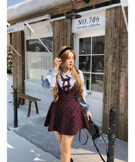 체크무늬 페이크 레이어드 여성 드레스 2026 가을 겨울 새로운 마이크로 지방 빅 사이즈 긴팔 허리 수축 치마