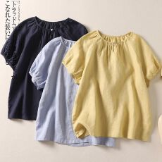 批发<b class='q'>日系</b>文艺棉麻短袖T恤女夏季通勤简约套头休闲小衫减龄上衣