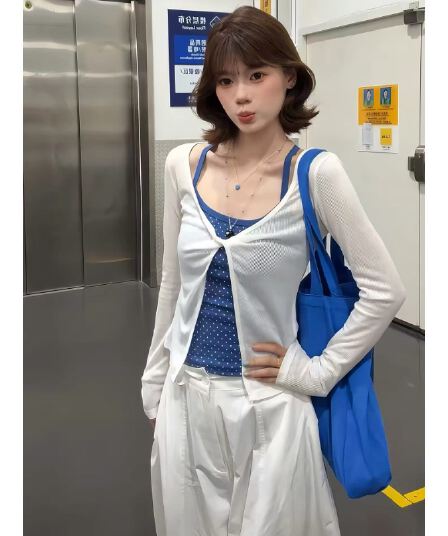 주간 실크 리브 화이트 비틀림 긴팔 자외선 차단 블라우스 맨위 여름 캐미솔 오픈 가디건 투피스 세트