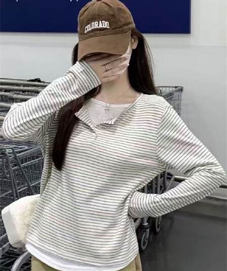 광저우 원단 원본 솜씨 한 부서 헨리 칼라 페이크 레이어드 스트라이프 새로운 긴팔 맨위 여성