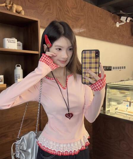 와 사고 방식 260 그램 한국 스타일 새로운 연령 감소 레이스 긴팔 티셔츠 맨위 체크무늬 순수한 욕망 몸매 가꾸기 맨위 여성