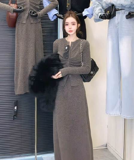 패션 세트 여성 가을 한 부서 주름 허리 수축 몸매 가꾸기 V넥 오픈 가디건 맨위 반신 스커트 투피스 세트