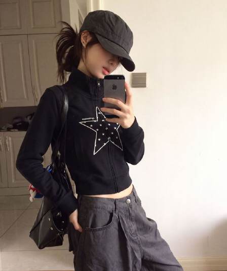 후아 면 복합 프린트 레트로 별 스탠드 칼라 오픈 가디건 후드티 달콤한 차가운 캐주얼 기초 재킷 여성