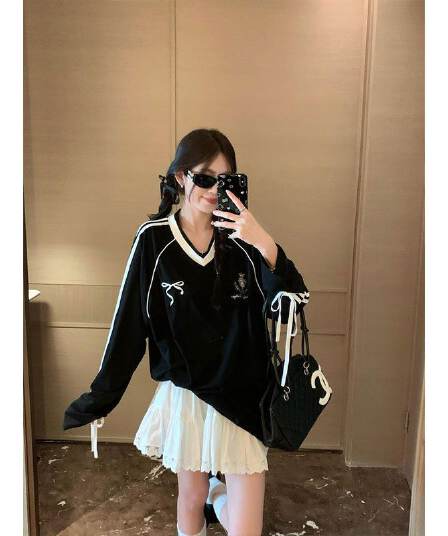 원본 품질 아메리칸 V넥 레이스업 긴팔 티셔츠 여성 이른 가을 운동 바람 다용도 루즈핏 맨위 캐주얼