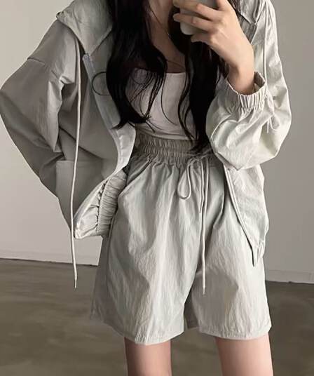 한국 chic 여름 미니멀리즘 품격 펌프 로프 후드 지퍼 자외선 차단 재킷 레이스업 하이웨이스트 운동 반바지 여성