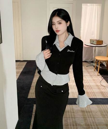 모달 사람들 면 260 그램 한국 스타일 새로운 핫걸 배색 페이크 레이어드 맨위 여성 가을 긴팔 여성