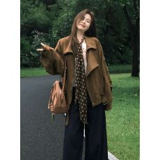 批发美拉德复古麂皮绒<b class='q'>机车</b>外套女秋季宽松翻领气质夹克慵懒廓形感上衣