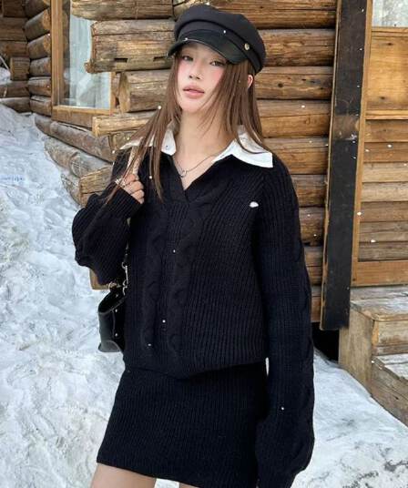 한 셔츠 칼라 스웨터 세트 여성 패치워크 색상 칼라 페이크 레이어드 맨위 하이웨이스트 미니 스커트 투피스 세트