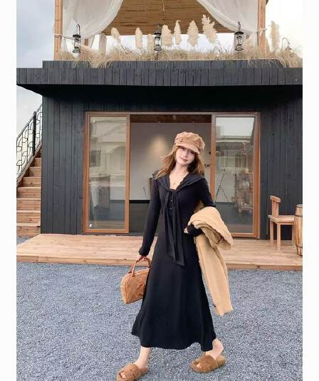 달콤한 매운맛 벨트 숄 조끼 원피스 2026 가을 새로운 디자인 센스 몸매 가꾸기 허리 수축 레이스업 중 롱 스커트 여성 트렌디