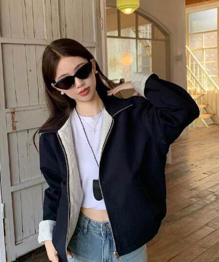 vibe 바람 2027 이른 봄 새로운 폴로 칼라 스트라이프 재킷 양면 착용 긴팔 루즈핏 쇼트 스타일 재킷 출퇴근 맨위